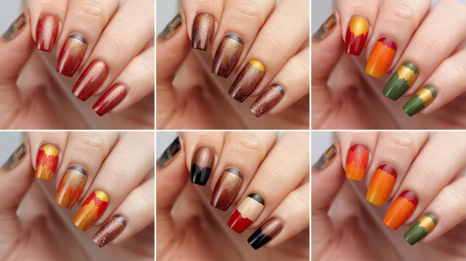 Collection of six professional nail designs, each featuring different autumn color palettes with various techniques, including ombre, metallic accents, and color blocking