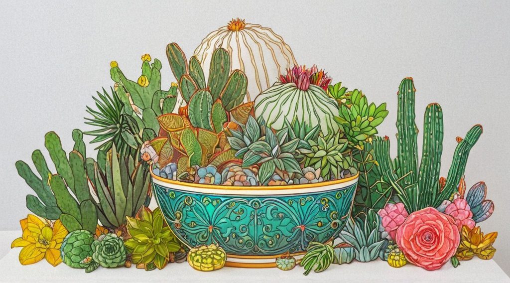 Cactus and succulent desert landscape for adult colouring, intricate pots, botanical ink art style