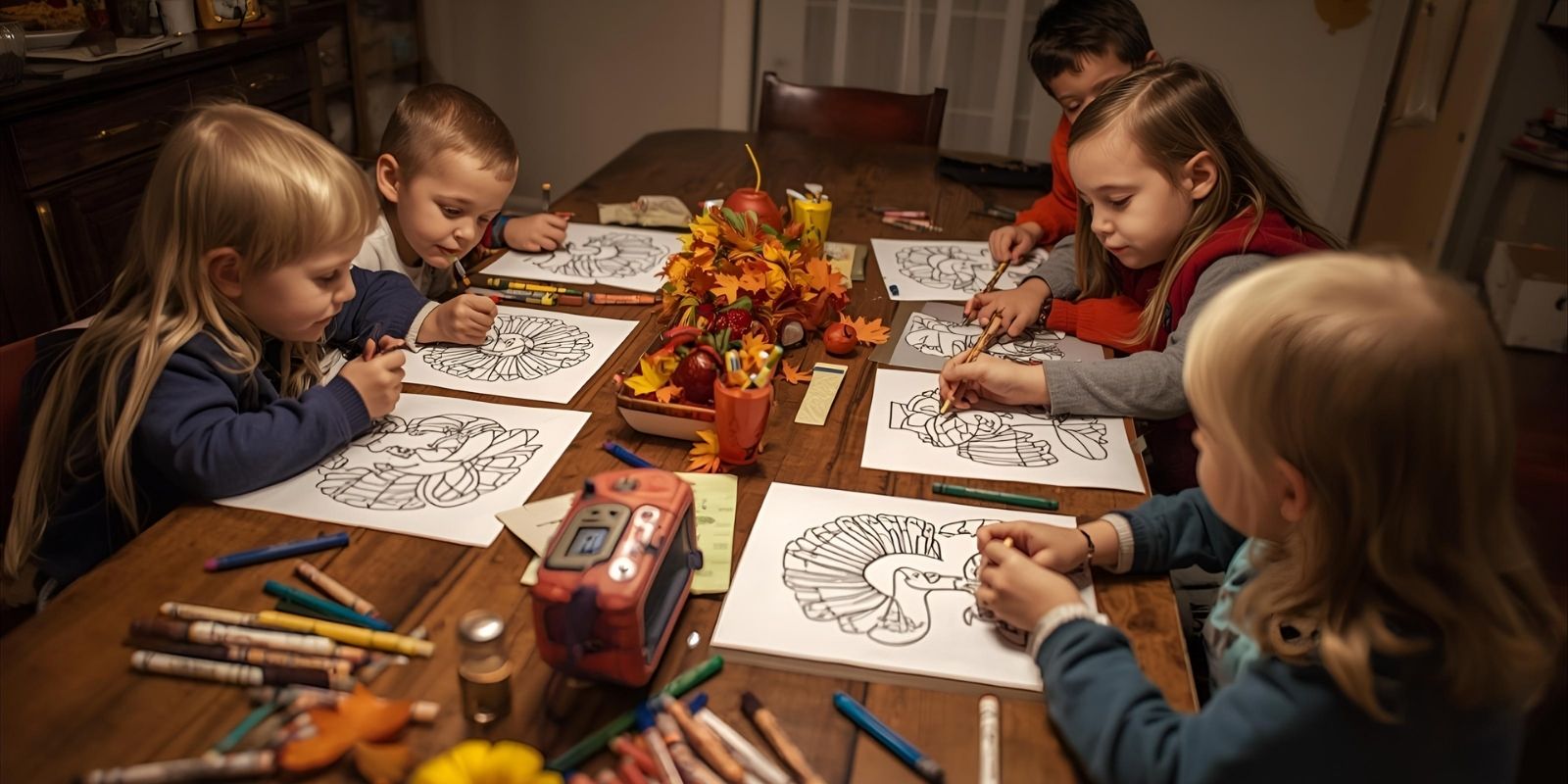 Thanksgiving Day Game - Kids racing to complete Thanksgiving turkey coloring pages during a timed game
