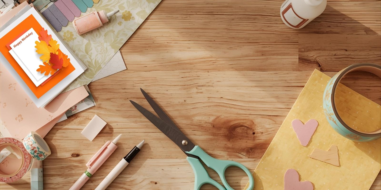 DIY Greeting Cards. DIY card-making supplies on a wooden table with scissors, paper, and markers