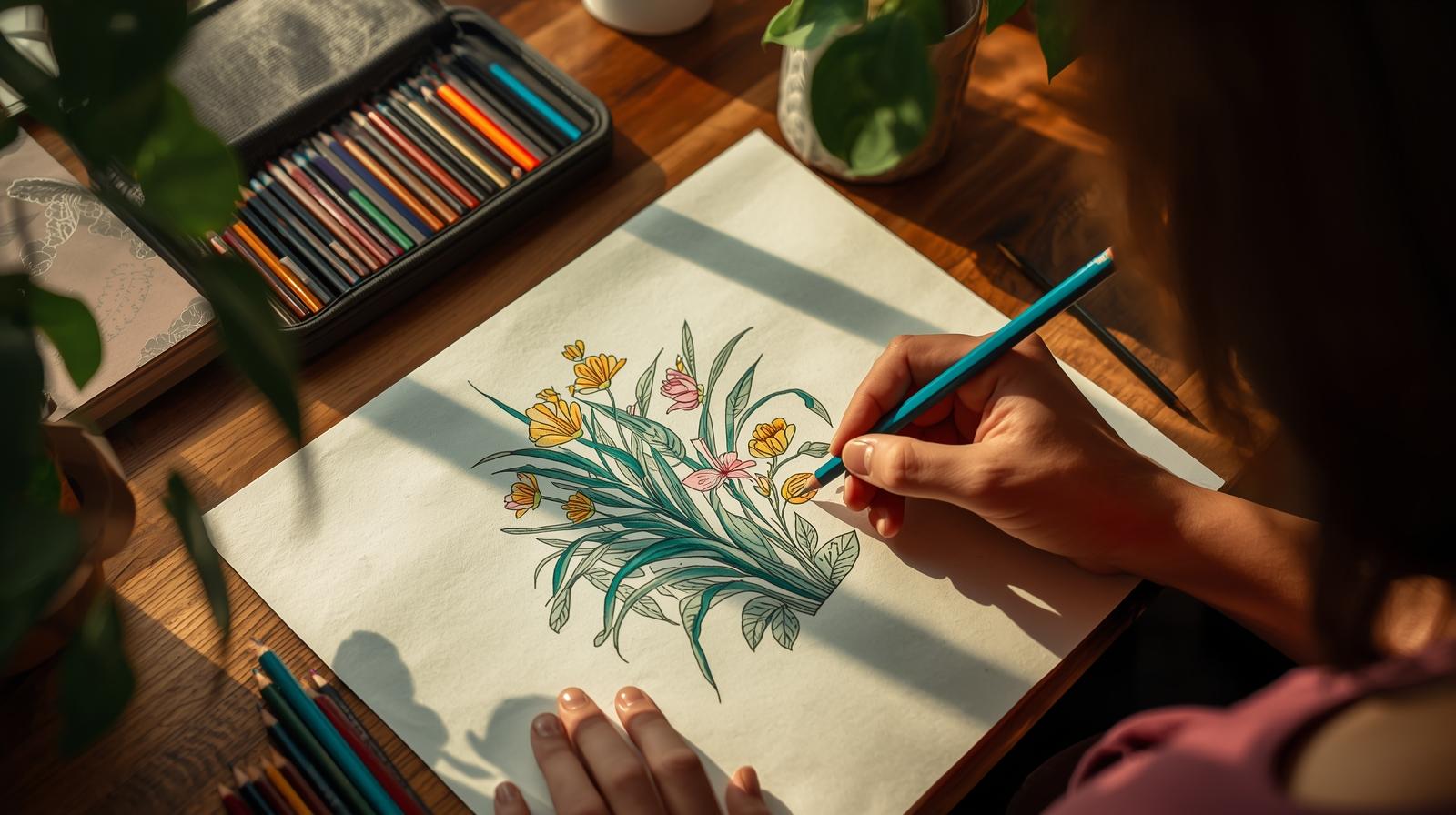 Cozy desk scene, adult hand colouring botanical flower page, mindfulness aesthetic, natural lighting