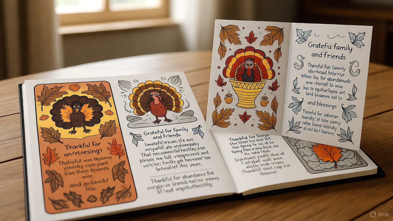 Thanksgiving gratitude coloring journal with mandalas and fall leaves