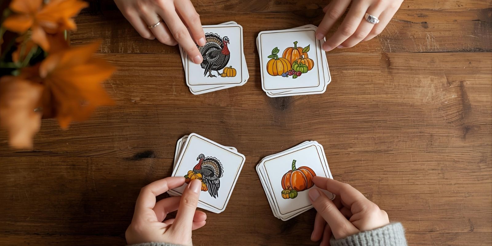 Thanksgiving Day Game - Homemade Thanksgiving memory match cards made from colored pages spread on the table