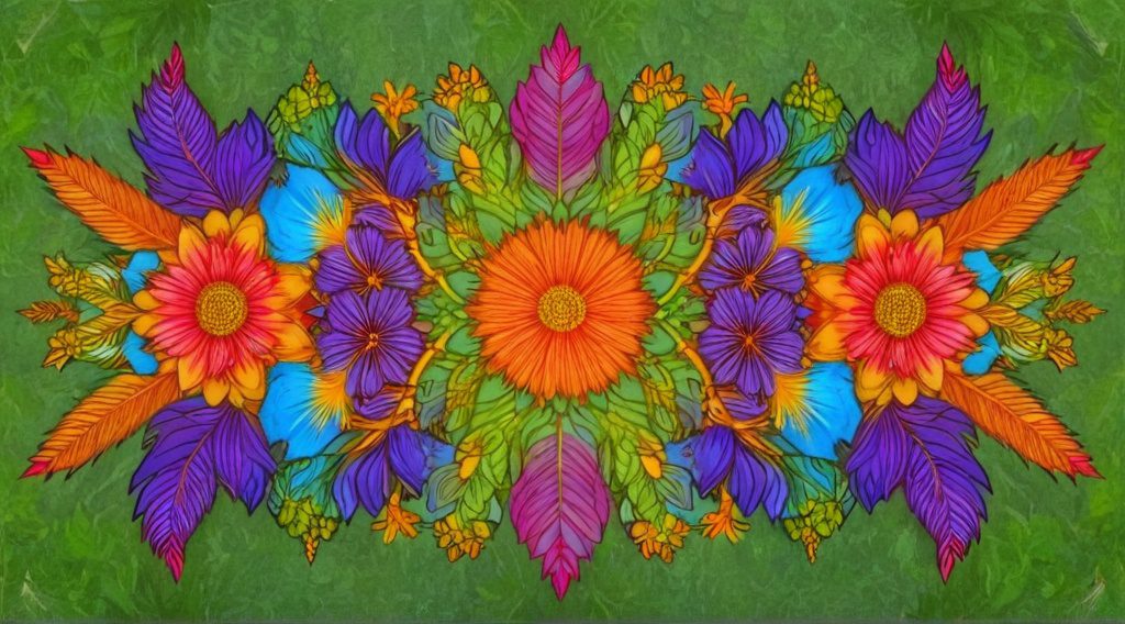 Flower Coloring Sheets - Highly detailed adult colouring page of wildflowers and leaves, botanical symmetry