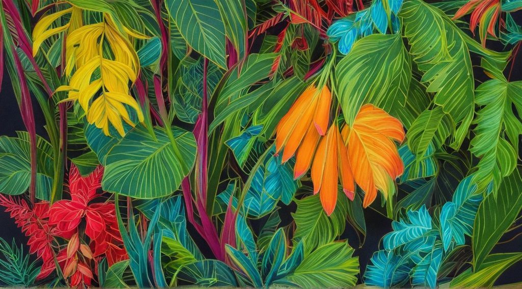 Botanical line art colouring page featuring tropical plants and vines, intricate hand-drawn adult design