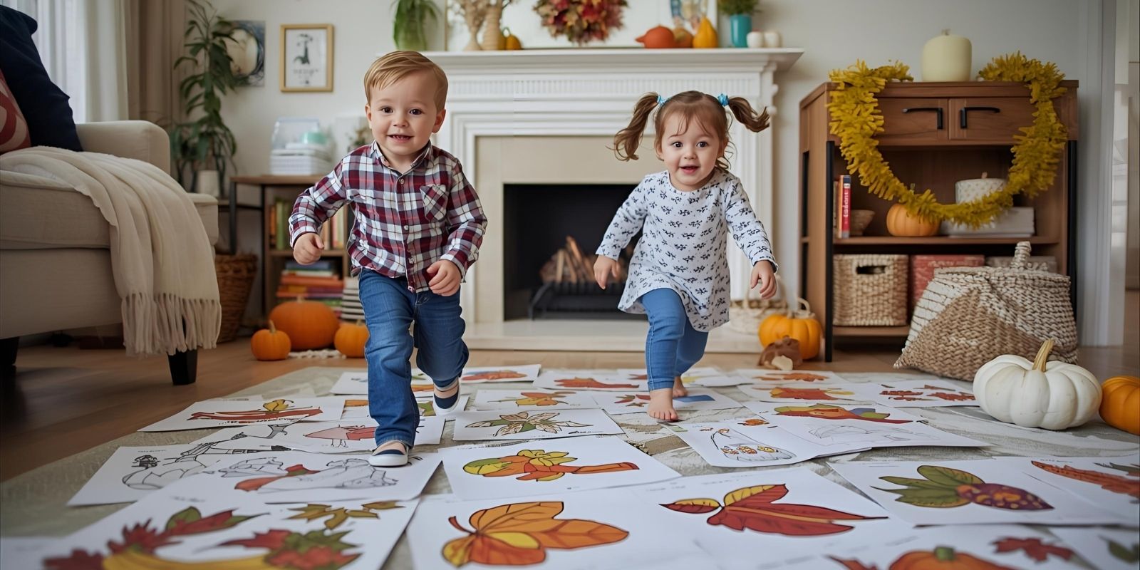 Thanksgiving Day Game - Children searching for hidden Thanksgiving coloring pages during a scavenger hunt game