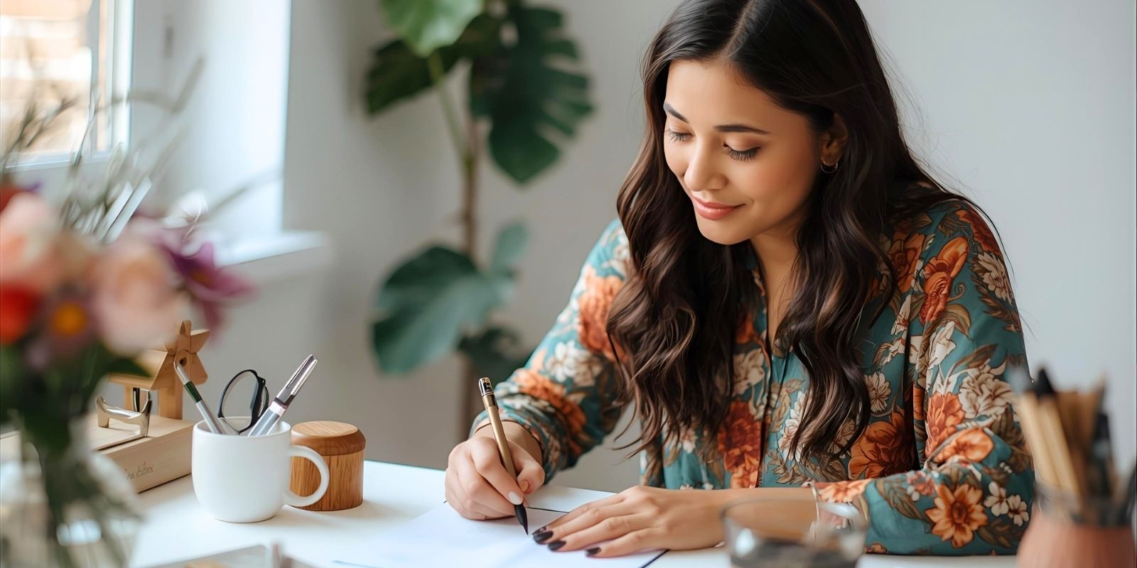 Person signing greeting card, creative workspace with coffee mug, flowers and soft light
