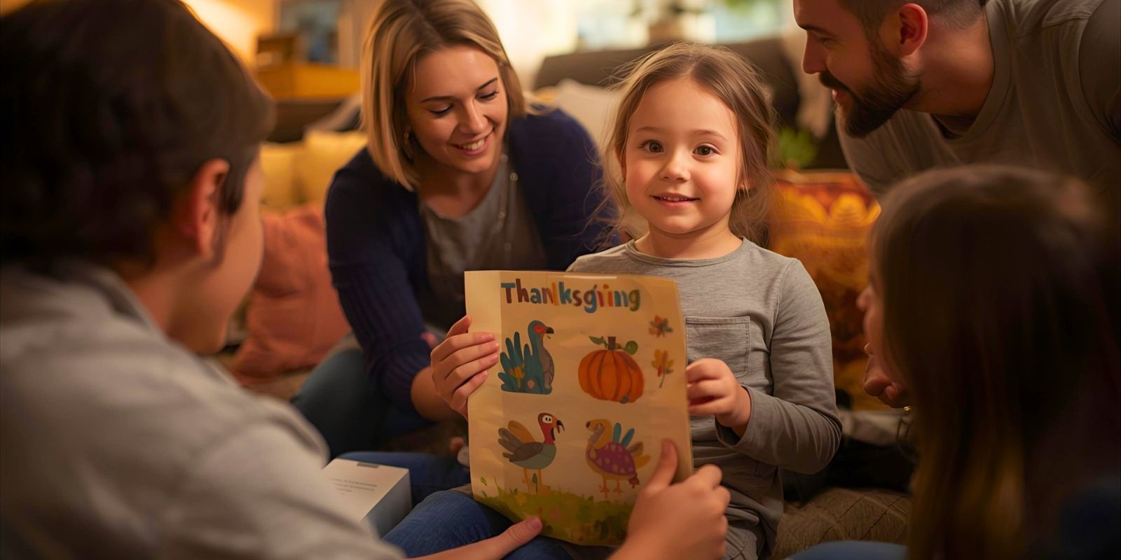 Thanksgiving Day Game - Child showing colored Thanksgiving pages while telling a creative story to family