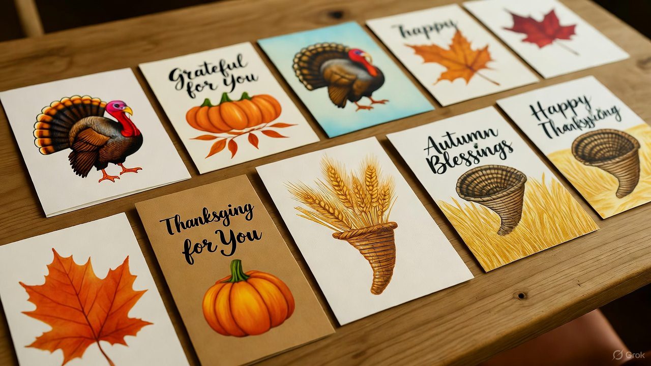 Handmade Thanksgiving coloring cards with turkeys and pumpkins