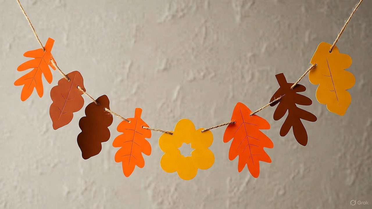 Colorful Thanksgiving garland made from hand-colored paper leaves and pumpkins