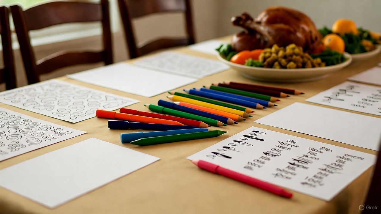 Thanksgiving table covered in craft paper with markers for family coloring