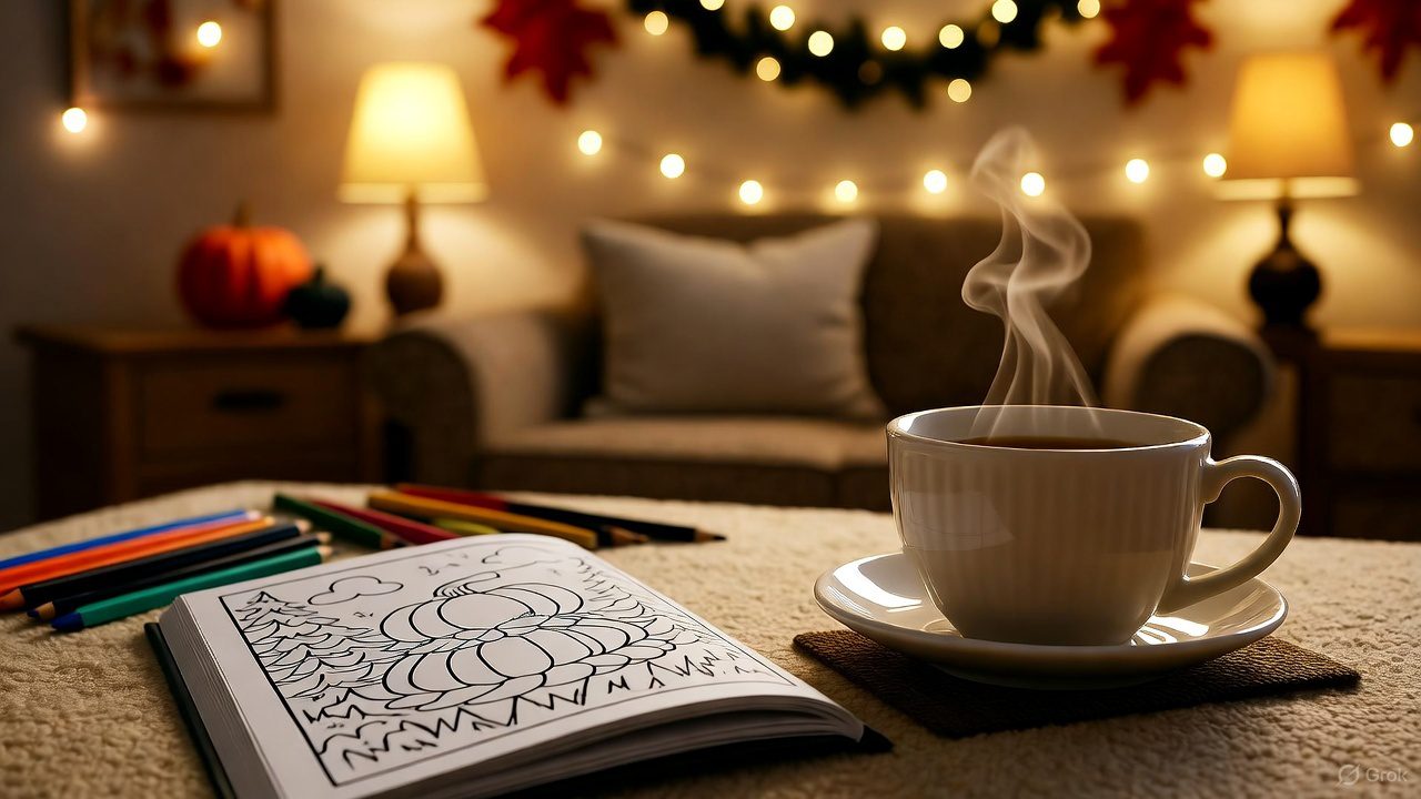 Adult coloring Thanksgiving mandala with candles and warm tea