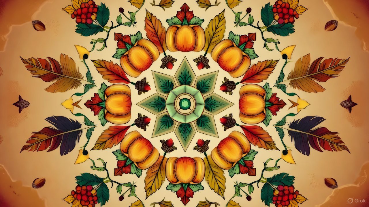 Thanksgiving mandala coloring page with pumpkins and leaves