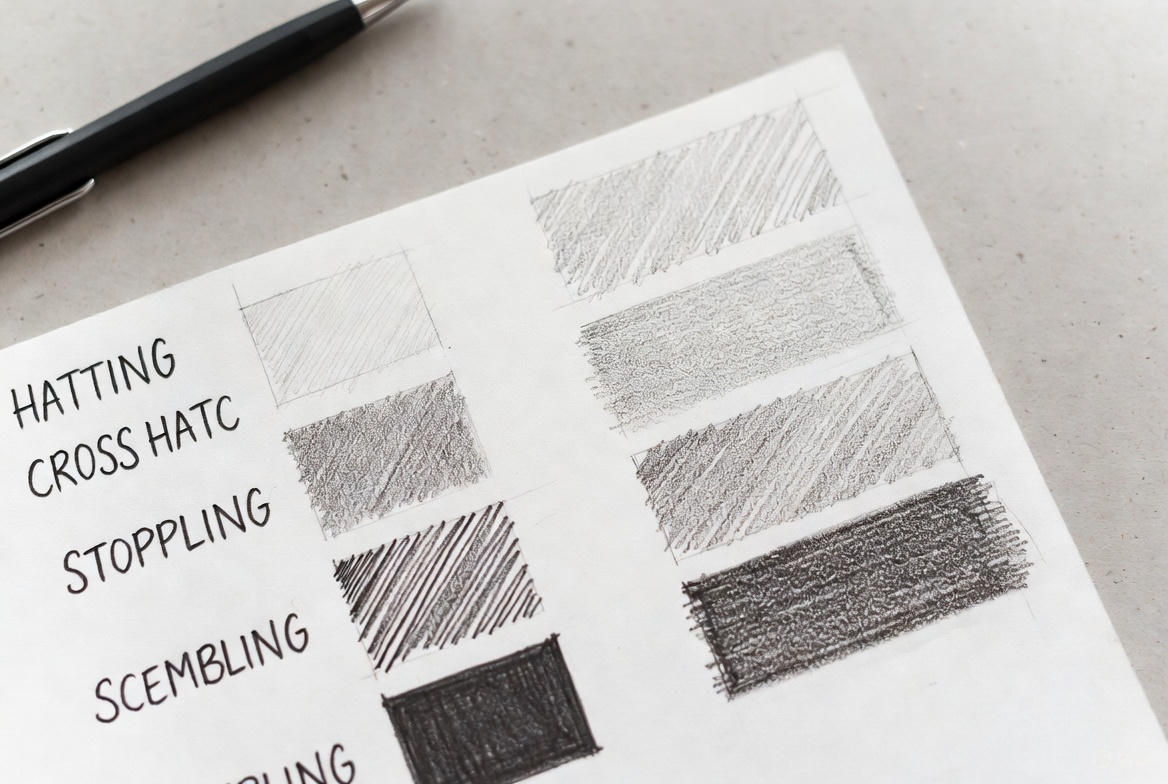 Different pencil shading techniques including blending, stippling, and contour shading