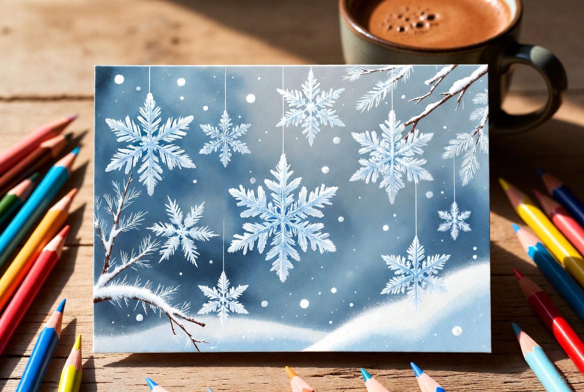 Shaded snowflakes and winter scene showing soft gradients and highlights