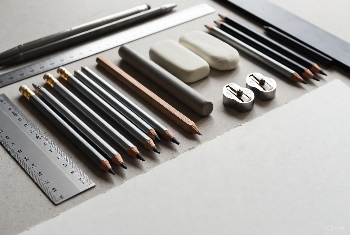 Shading tools including pencils, blending stump, erasers, and textured paper