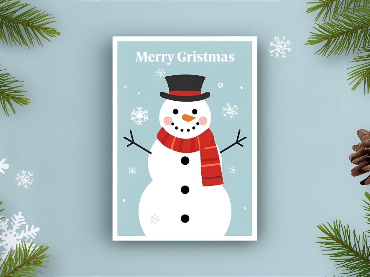 Preview of a printable winter greeting card template with snowman design.