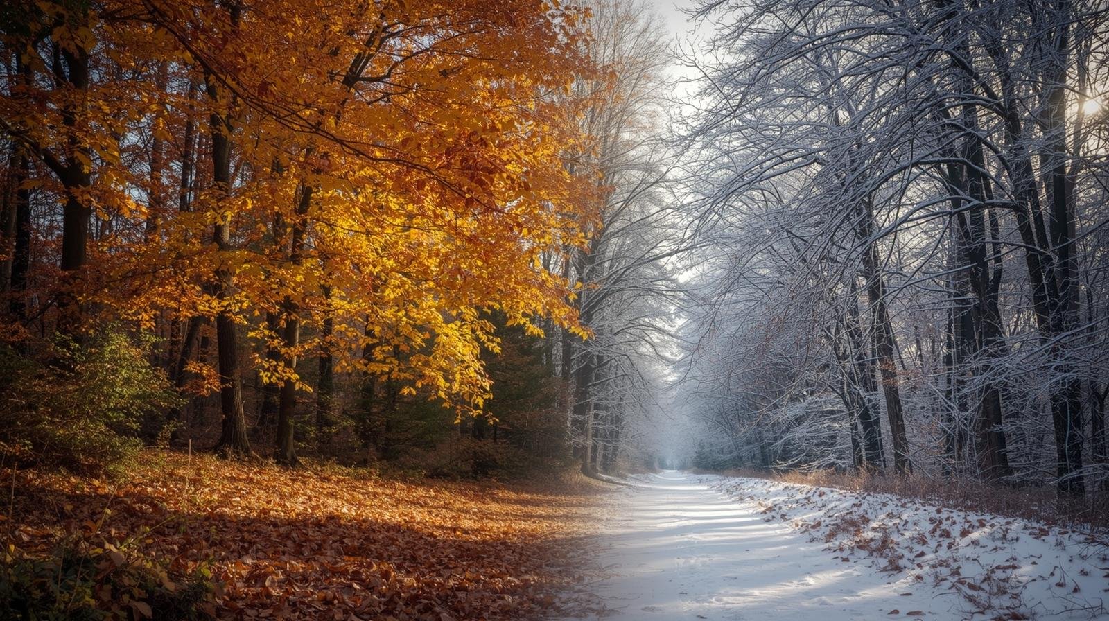 transition from fall to Christmas coloring - cozy autumn scene transitioning into winter with snowflakes and falling leaves