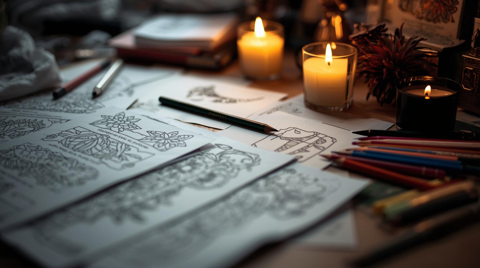 A warm, cozy workspace setup with coloring pages, candles, and pencils — inspiring creativity during the transition season.