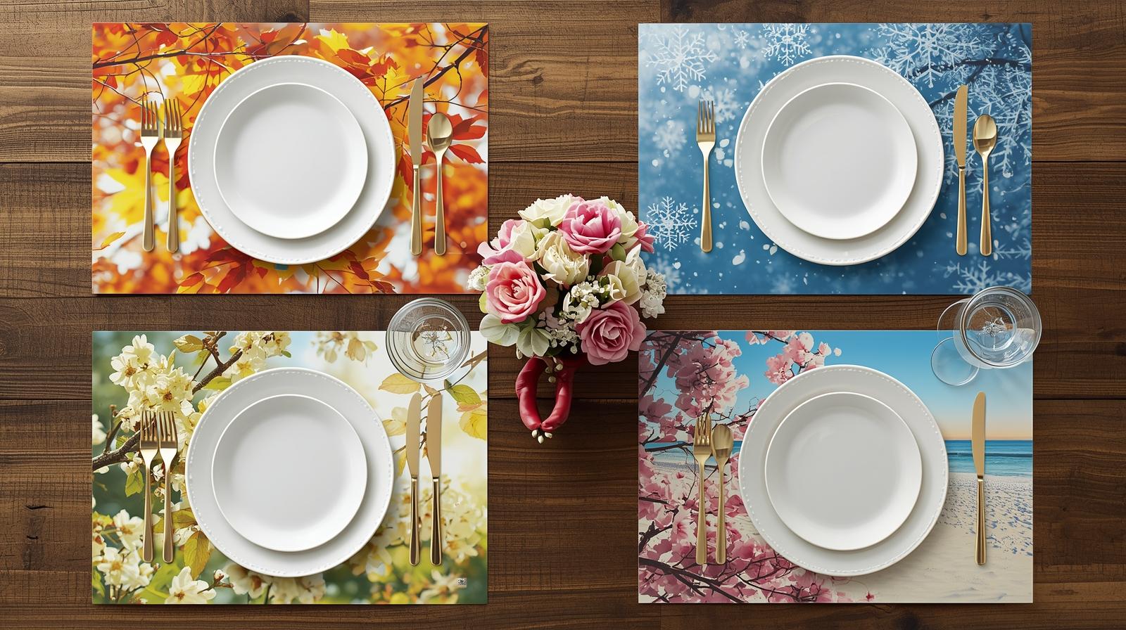 Beautiful table setting with four different seasonal laminated placemats - fall leaves, winter snowflakes, spring flowers, and summer beach themes - arranged on wooden dining table with plates and cutlery, magazine-quality styling