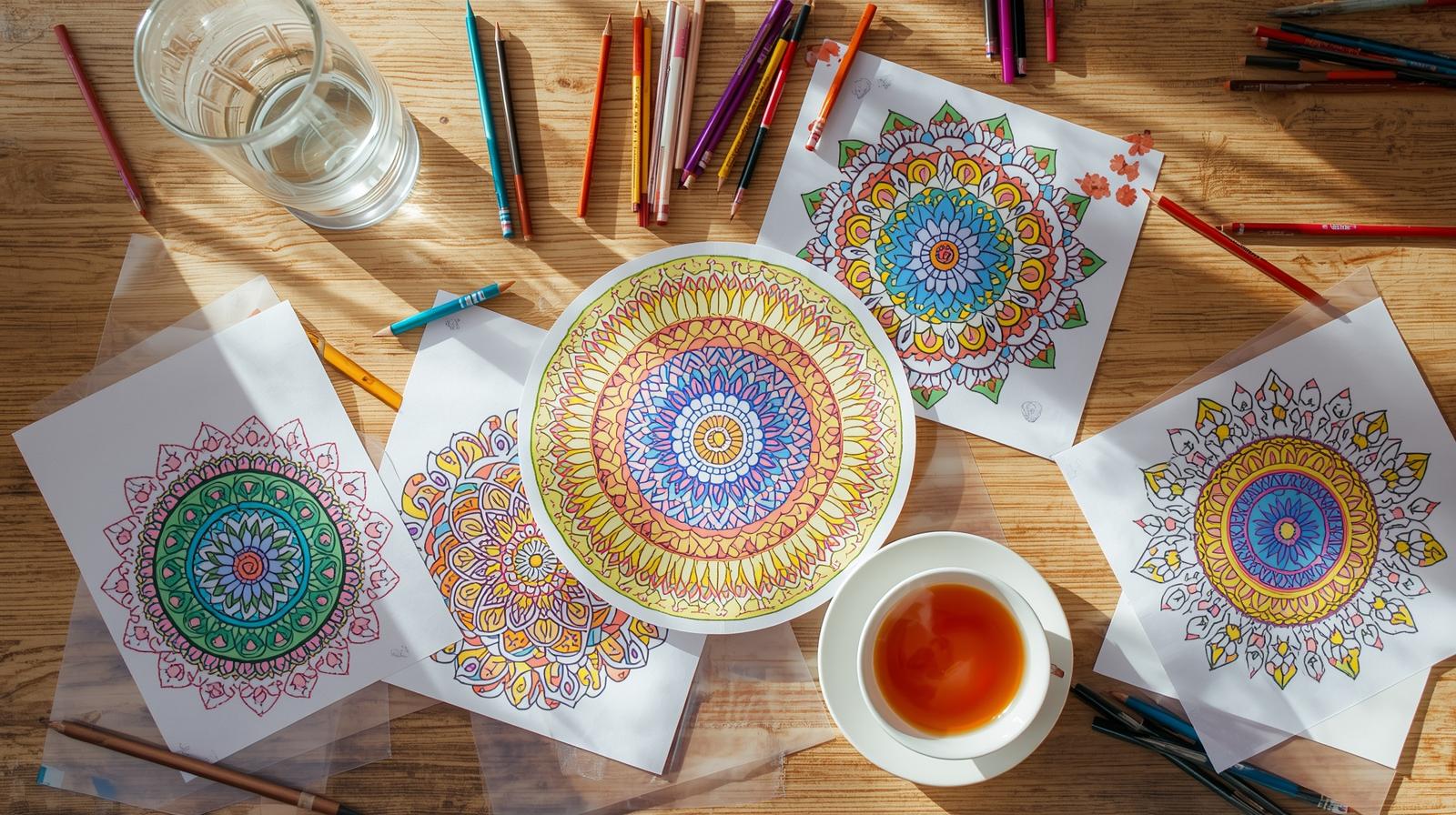 DIY Coloring Placemats - Overhead flat lay of a dining table setting with colorful laminated placemats featuring mandala and floral coloring page designs, surrounded by colored pencils, laminating sheets, and a cup of tea, warm natural lighting, cozy craft aesthetic