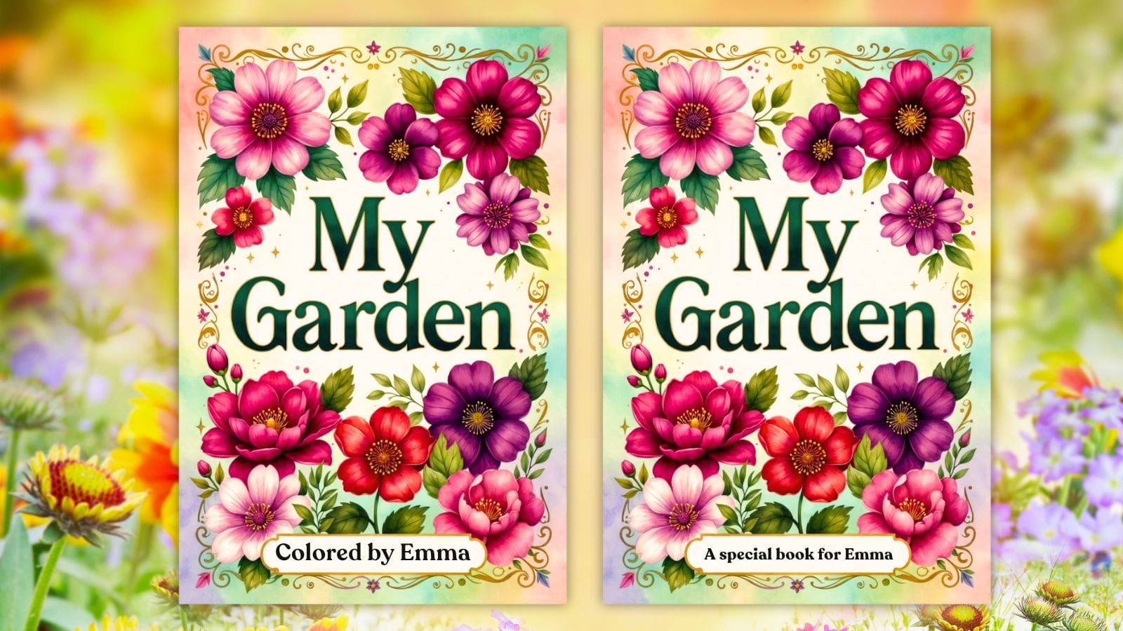 Personalized Coloring Books cover with Colored by Emma text surrounded by whimsical butterflies, flowers, and decorative swirls in an uncolored line art style