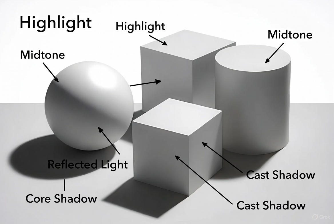 Examples of shaded spheres showing highlights, midtones, and cast shadows