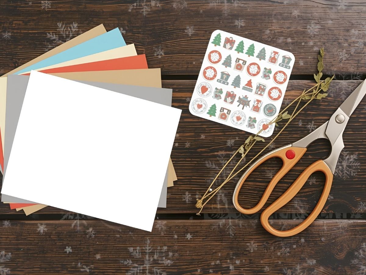DIY Winter Greeting Cards - Assorted winter crafting supplies, including paper, scissors, and markers, on a wooden table.