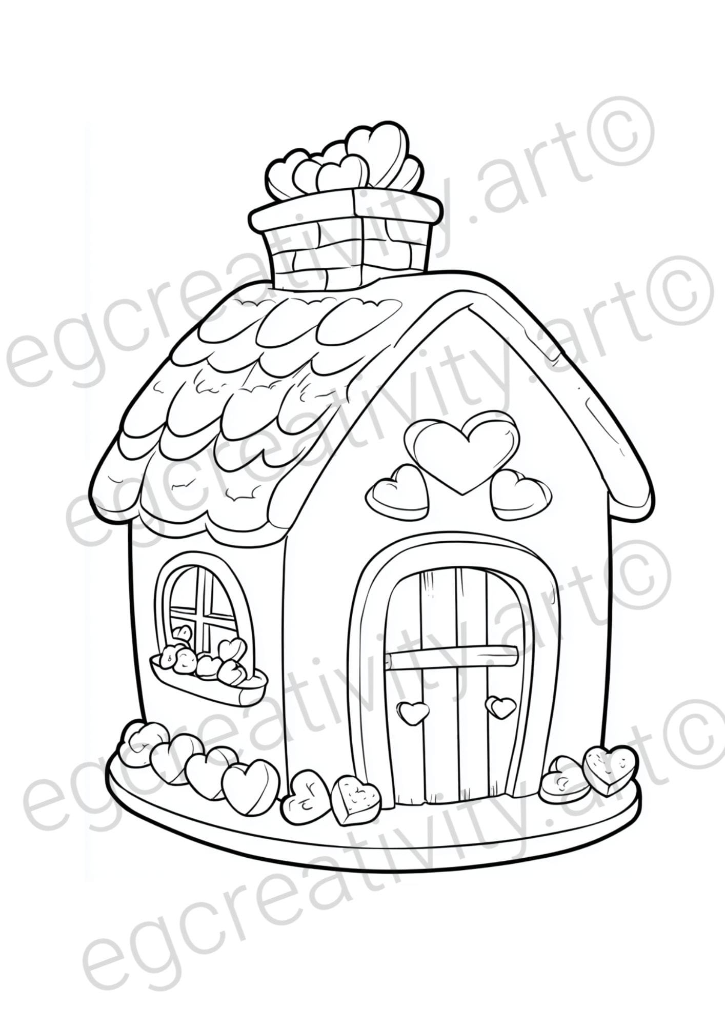 Printable fairytale cottage coloring page, cozy mushroom-roof house with garden, easy for children and adults