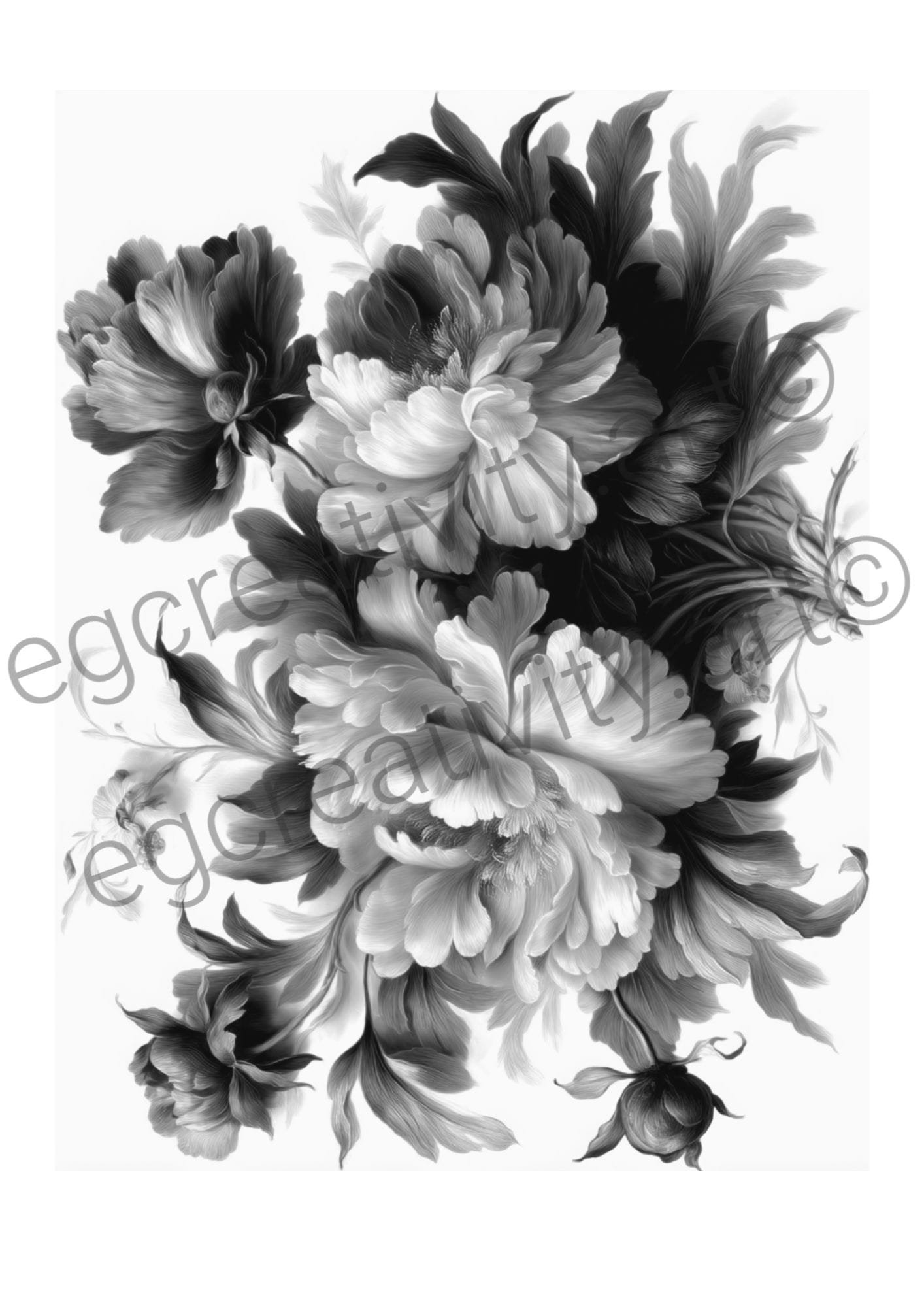 Printable botanical coloring sheet featuring peone illustrations