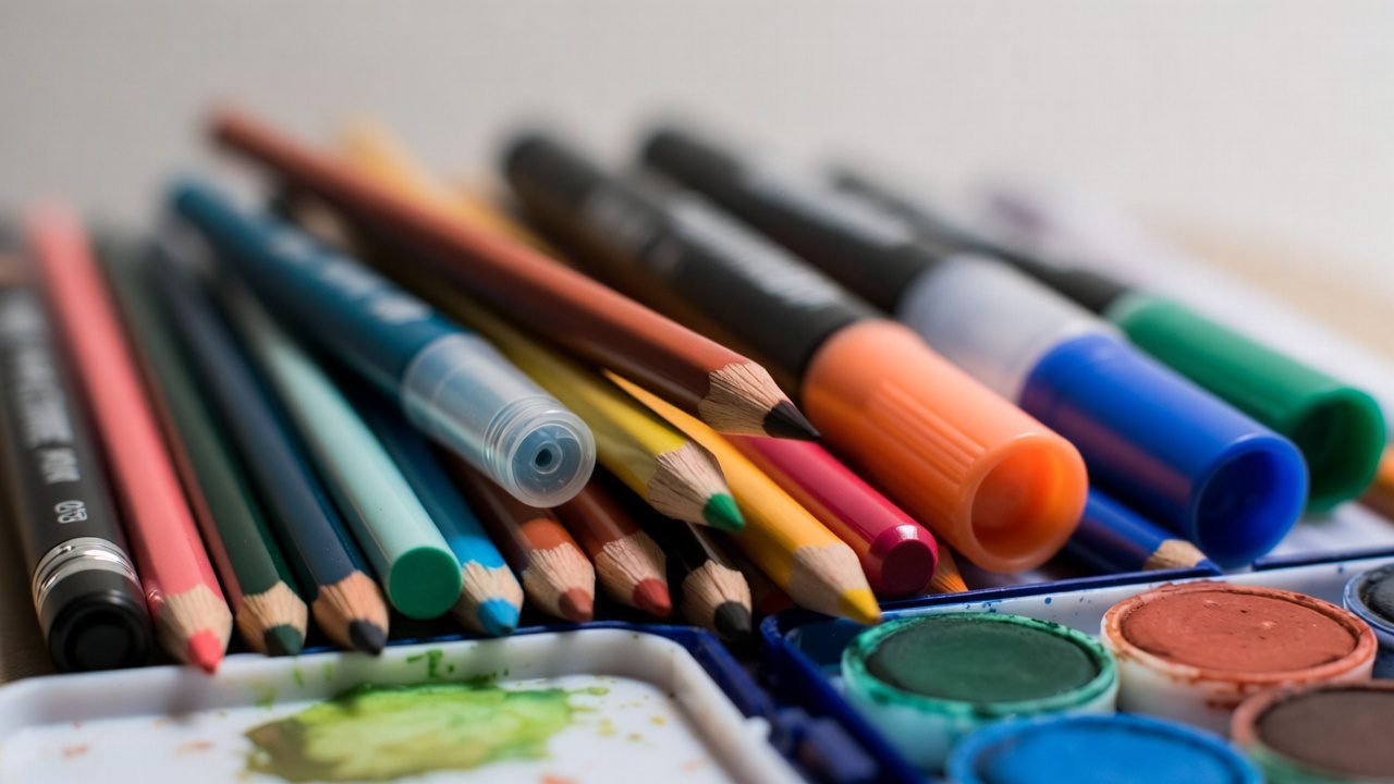 A collection of different coloring tools, showcasing colored pencils, markers, and watercolors. Beginner Coloring Techniques