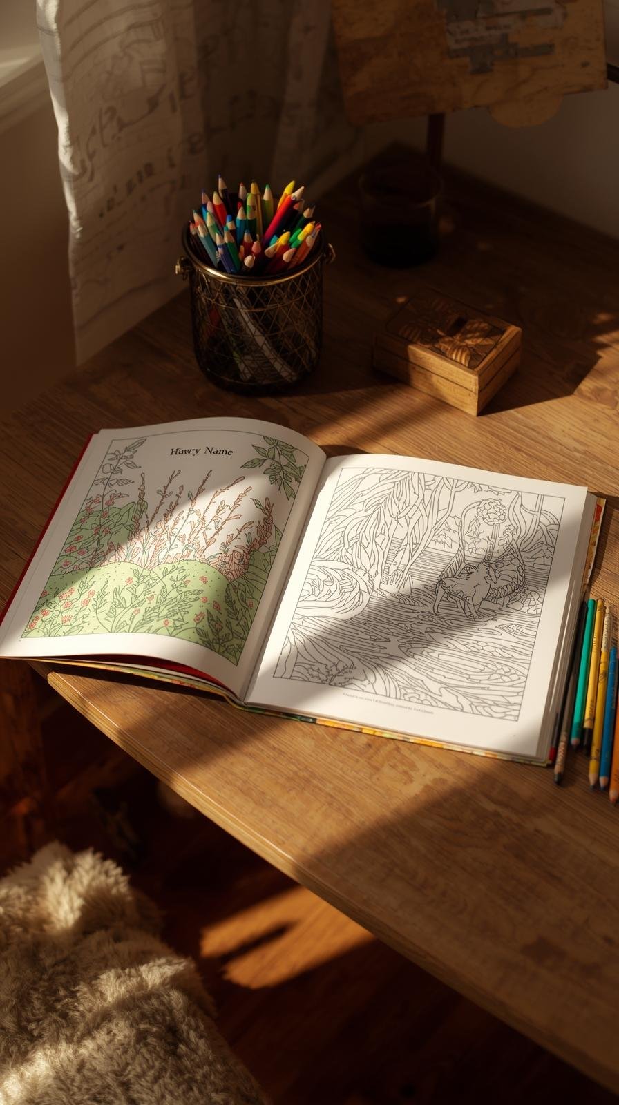 Personalized coloring book cover with Colored by Emma text surrounded by whimsical butterflies, flowers, and decorative swirls in an uncolored line art style