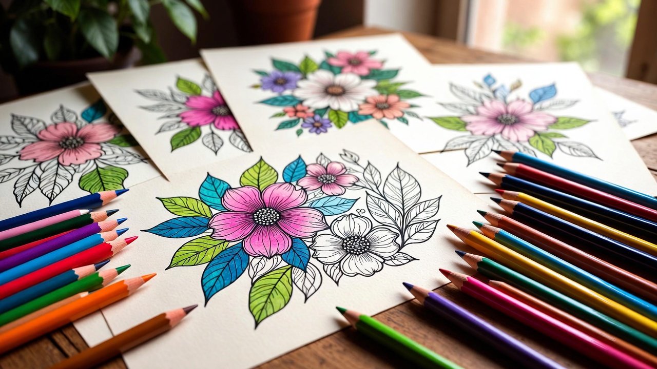 Adult Spring Coloring Pages - A peaceful coloring session featuring detailed floral adult coloring pages surrounded by professional colored pencils, showcasing the therapeutic nature of spring-themed mindfulness coloring activities.