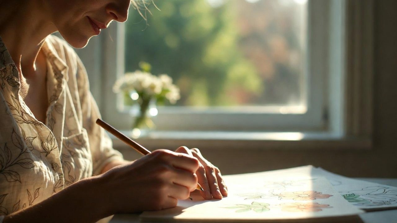 Person coloring a mandala design with colored pencils, soft natural lighting, peaceful expression. Adult coloring books stress relief