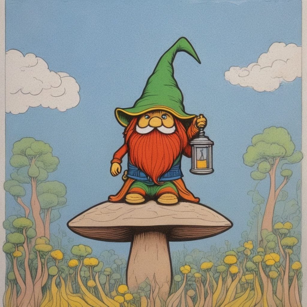 A tiny smiling gnome with a tall hat, holding a lantern, sitting on a mushroom, surrounded by flowers, simple line art, magical forest sc (2)