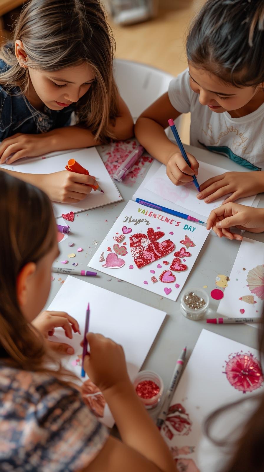 Children decorating printable Valentine’s Day cards using markers, stickers, and glitter for creative inspiration.