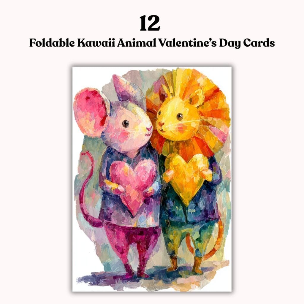 Cute Valentines Day Cards – 12 Foldable Kawaii Animal Valentine’s Day Greeting Card Printable