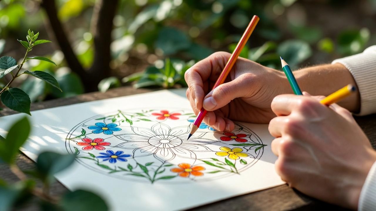 Close-up of hands coloring intricate floral patterns, showing various colored pencils and markers. Coloring for stress relief. Daily coloring ritual