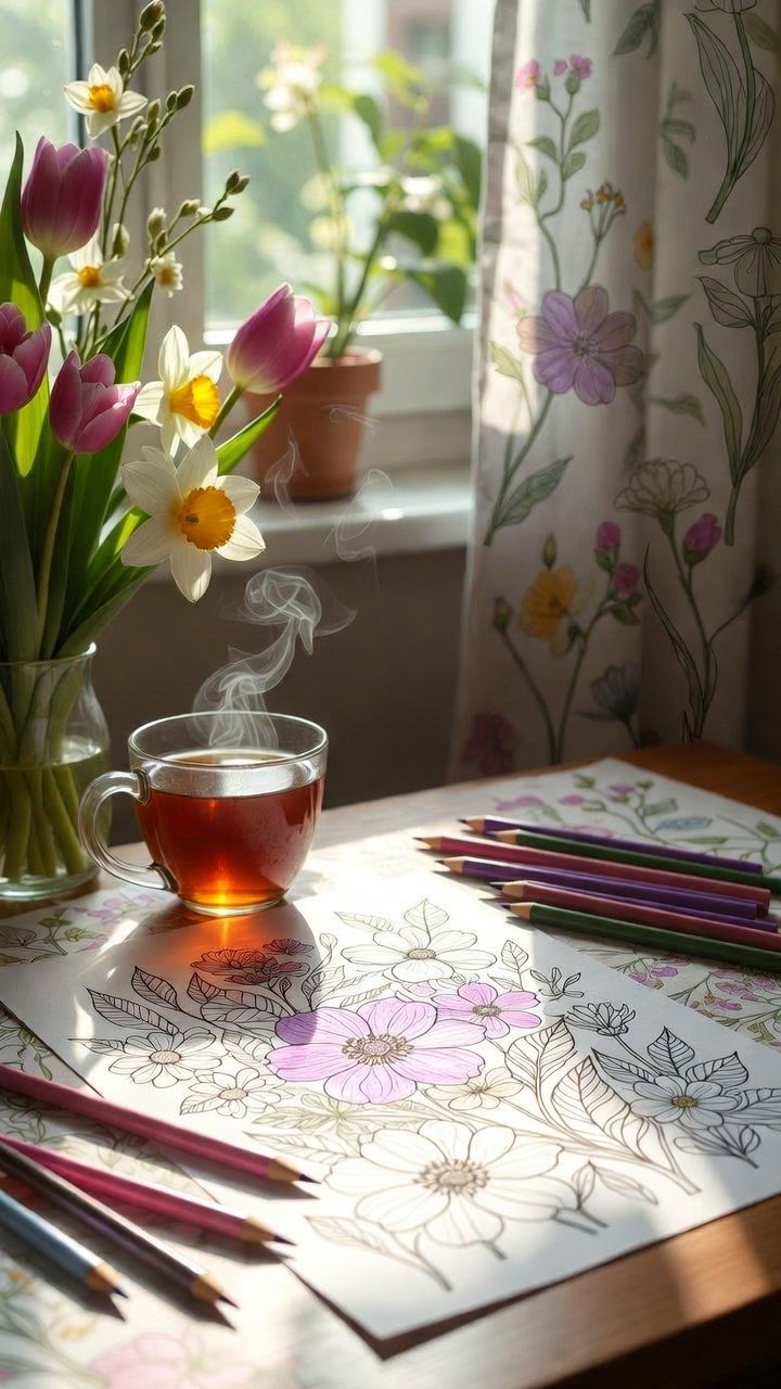 A peaceful morning scene with a coloring book, colored pencils, and a cup of tea on a sunlit table. Mindful coloring routine