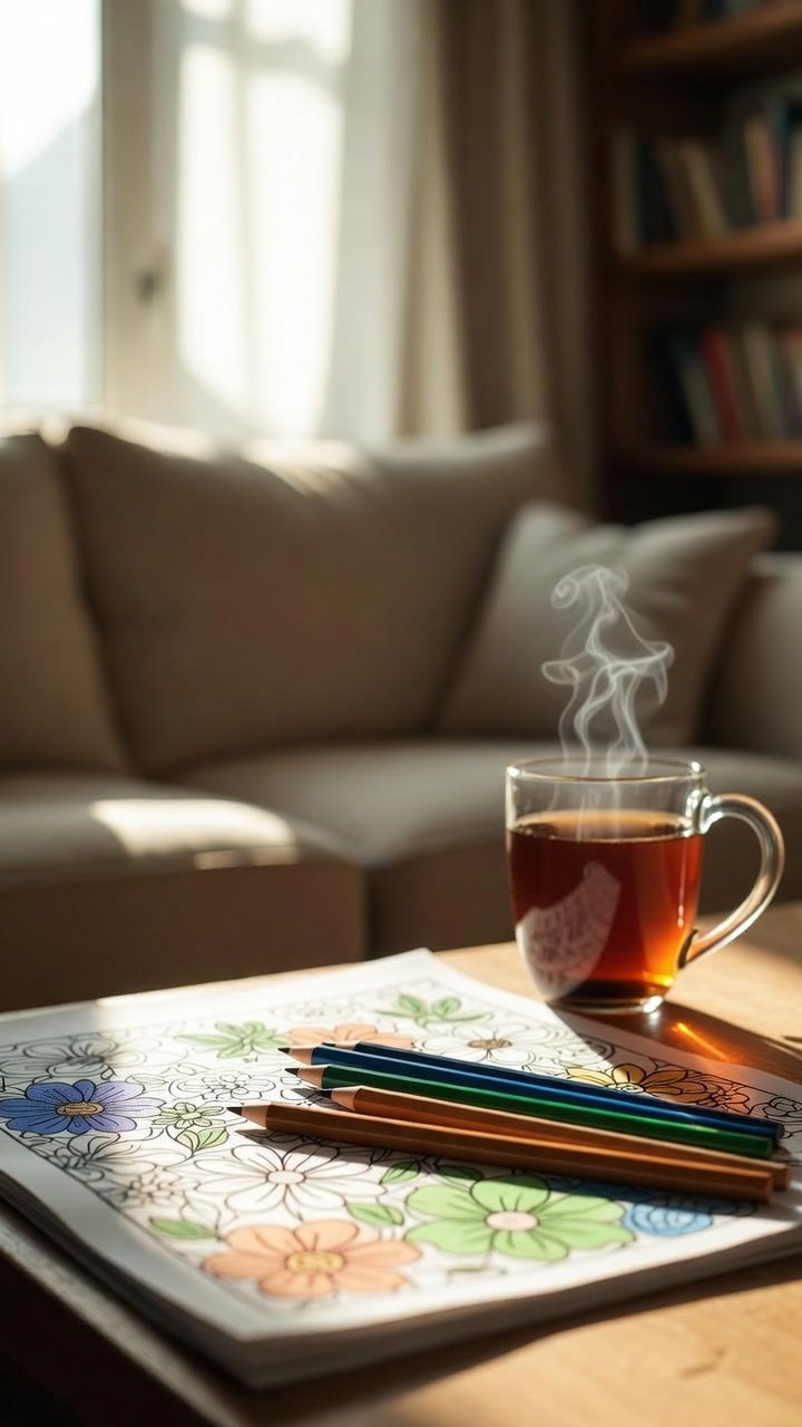 Peaceful adult coloring setup with coloring book, pencils, and tea in a comfortable home setting