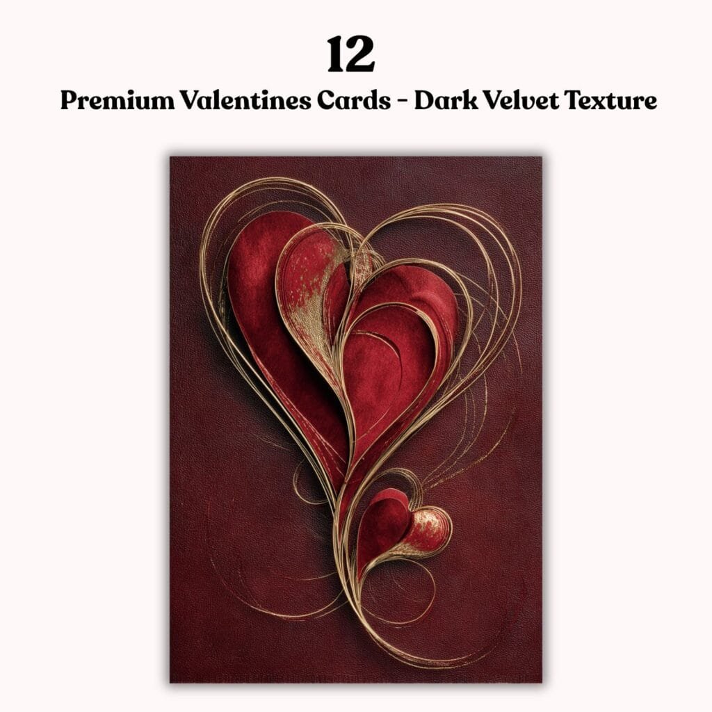 12 Luxury Valentine Cards – Premium Valentines Card Design, Ready to Print, Dark Velvet Texture