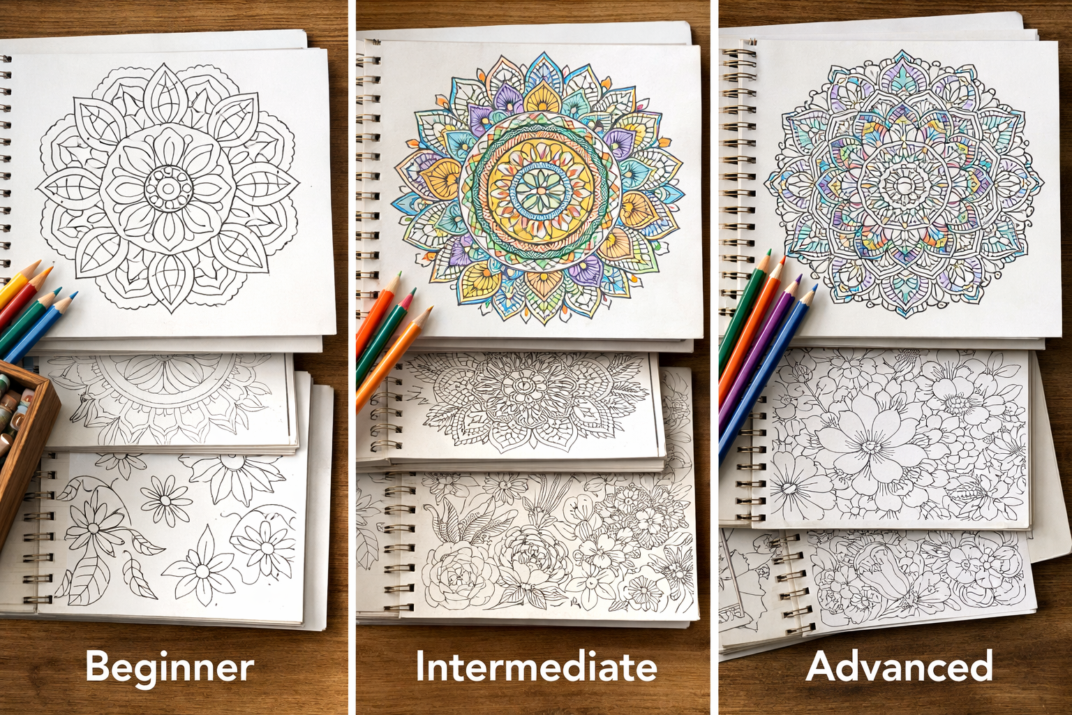 Adult coloring books arranged by difficulty level from beginner to advanced, showing progression of complexity in mandala and botanical designs for stress relief. art therapy
