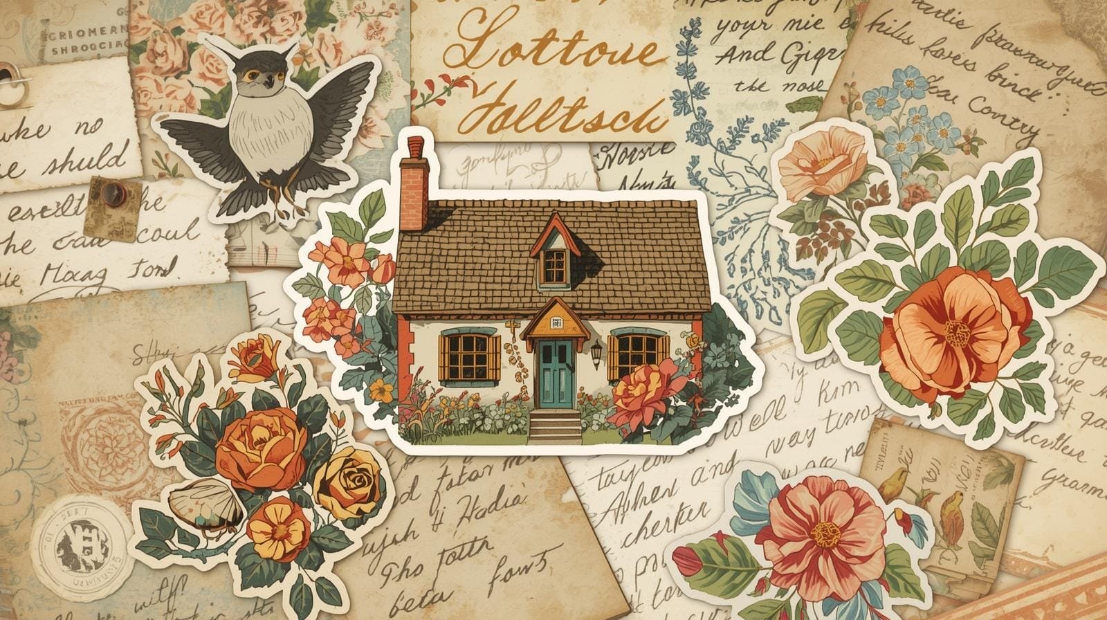 Cottage coloring page incorporated into a scrapbook layout.
