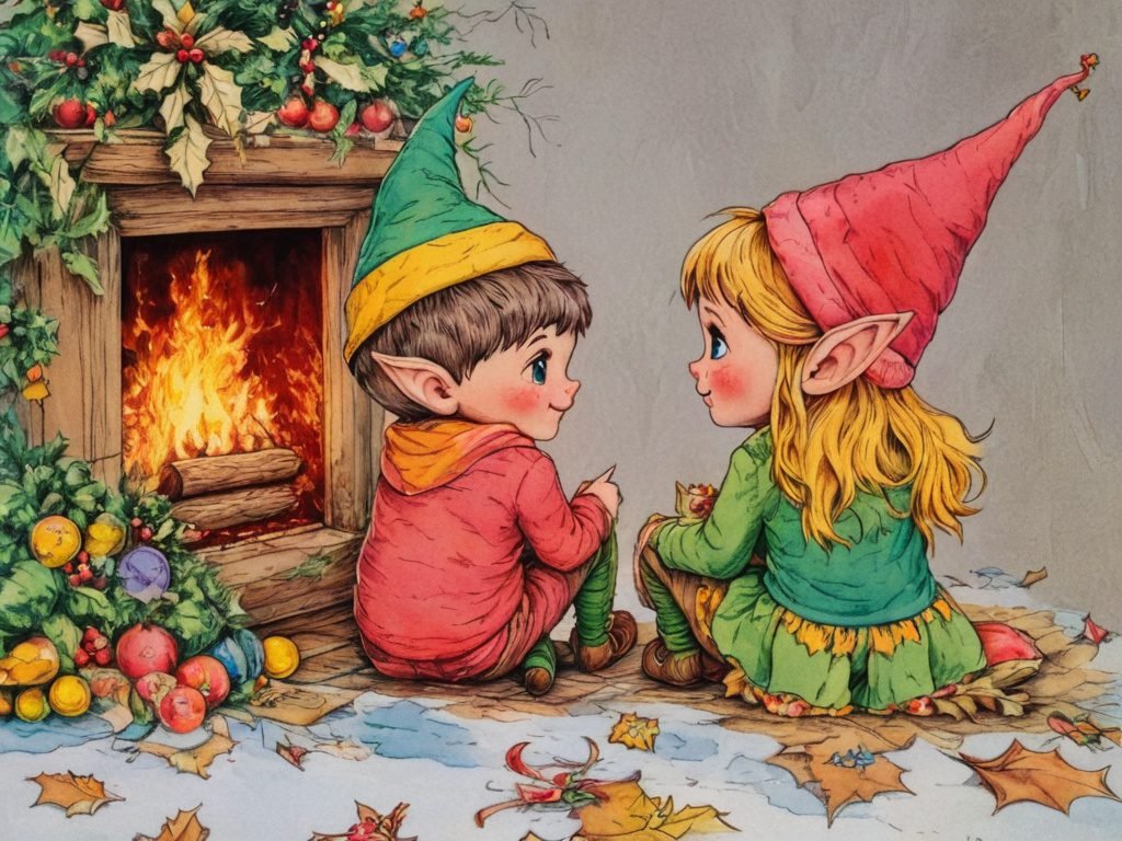two Christmas elves sitting by the fire