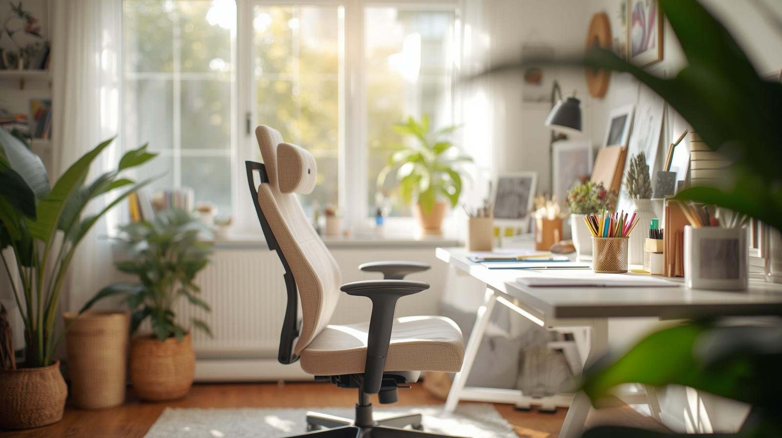 Ergonomic home coloring workspace with proper lighting, comfortable chair, organized supplies, and peaceful atmosphere for mindful adult coloring practice. therapeutic coloring