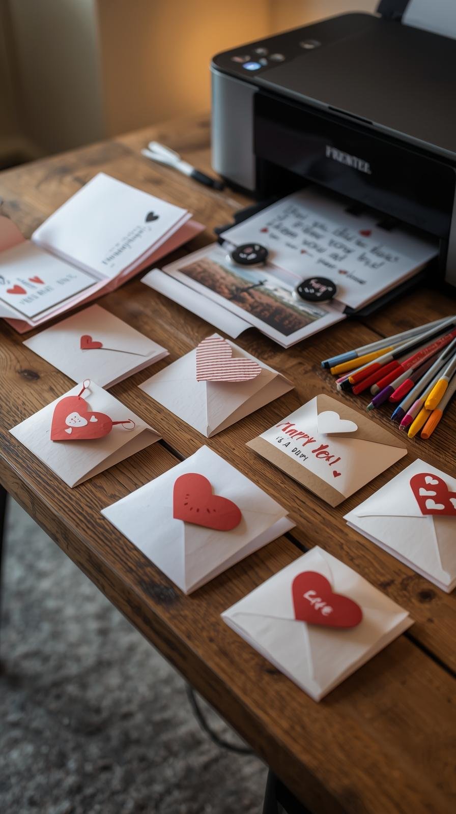 foldable Valentine's Day greeting cards on a table with a printer and pens near it