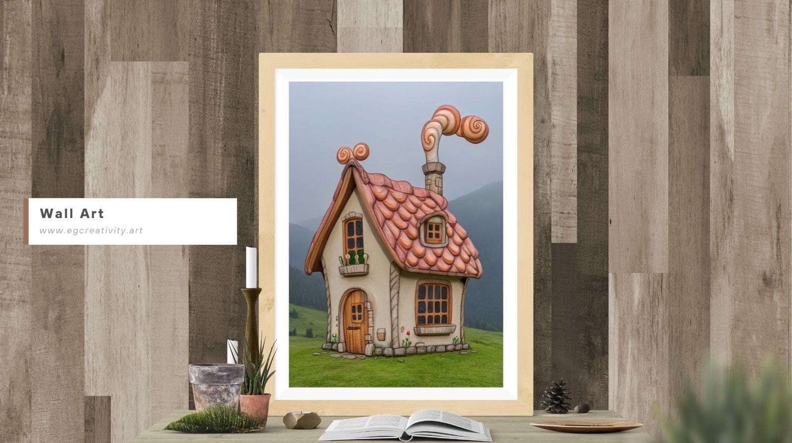 framed coloring art - Framed cottage coloring page hanging on a wall.