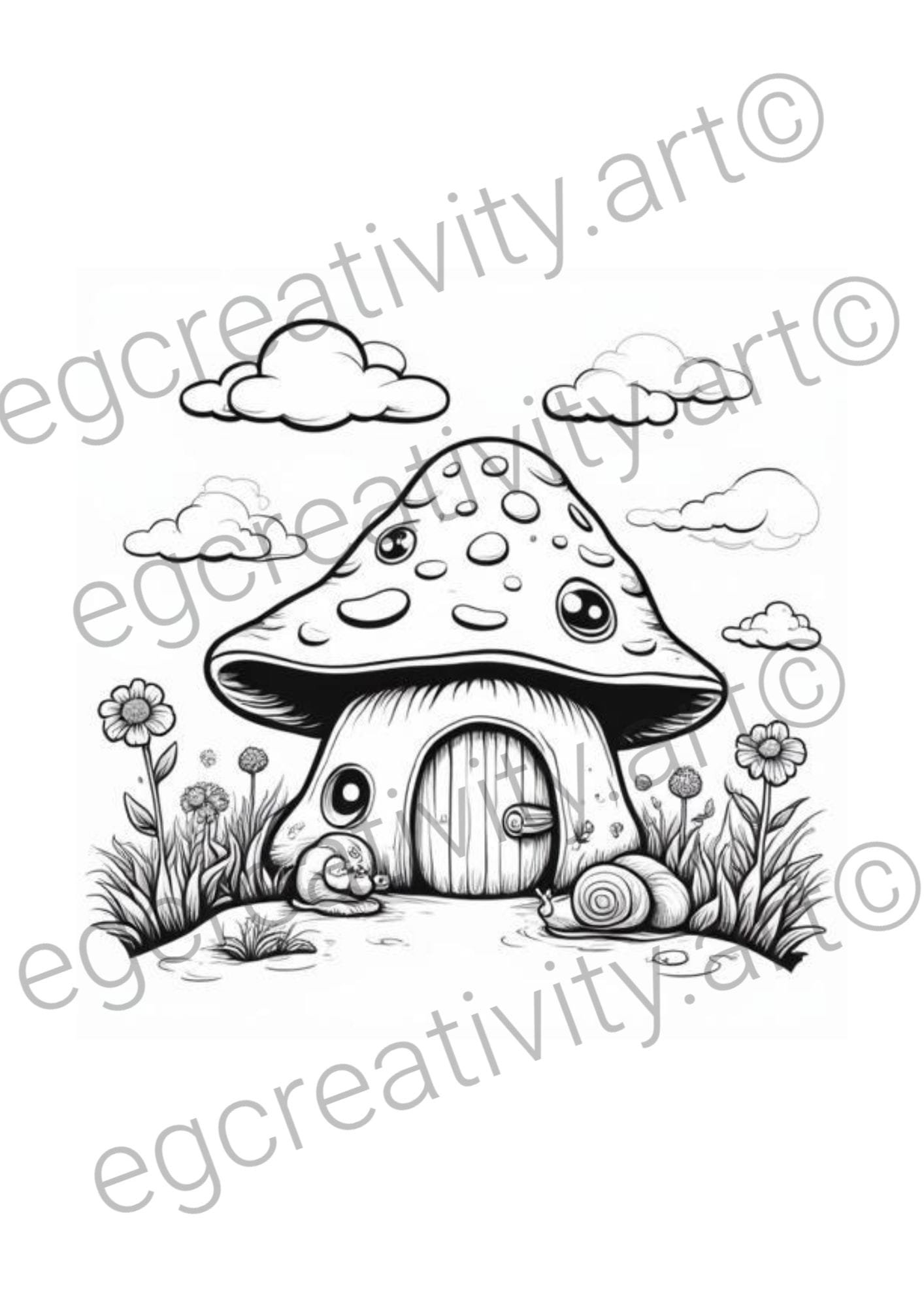 Goblincore Easter coloring page featuring a mossy mushroom cottage with hidden Easter eggs, perfect for adults and cottagecore enthusiasts.
