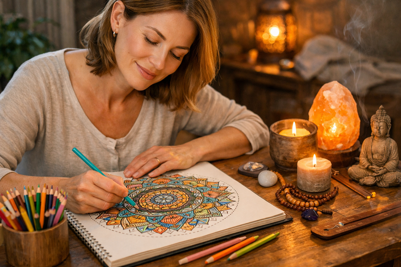 Adult woman practicing mindful coloring with intricate mandala design and colored pencils on wooden table, peaceful meditation atmosphere for stress relief and mental wellness. mindful coloring for stress relief