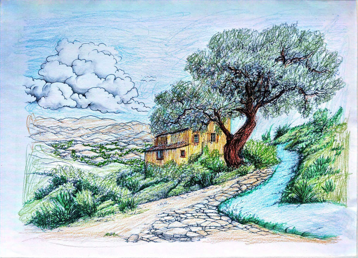 Completed adult coloring page featuring a peaceful scene, demonstrating stress relief coloring through creative activity - coloring benefits for stress